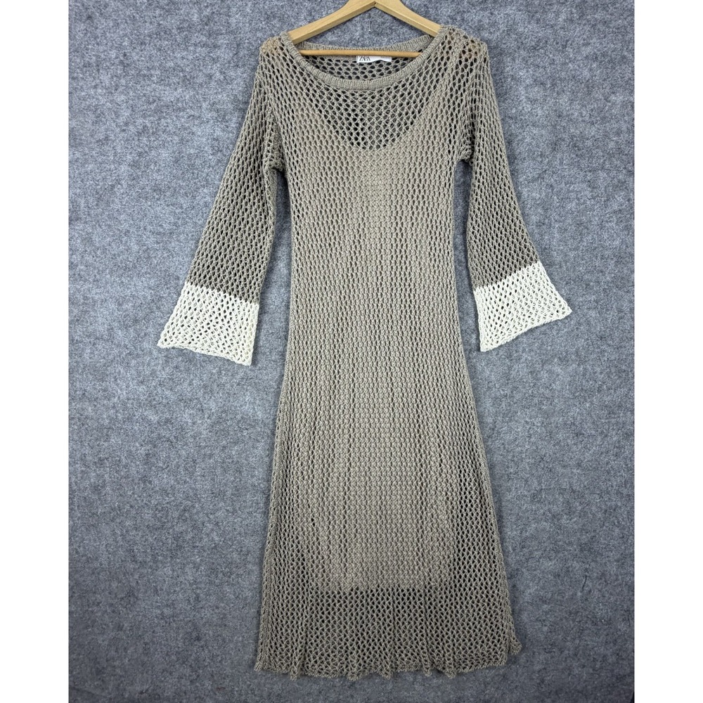 Zara Crochet Maxi Dress Womens Medium Tan Open Knit Round Neck Pullover Summer